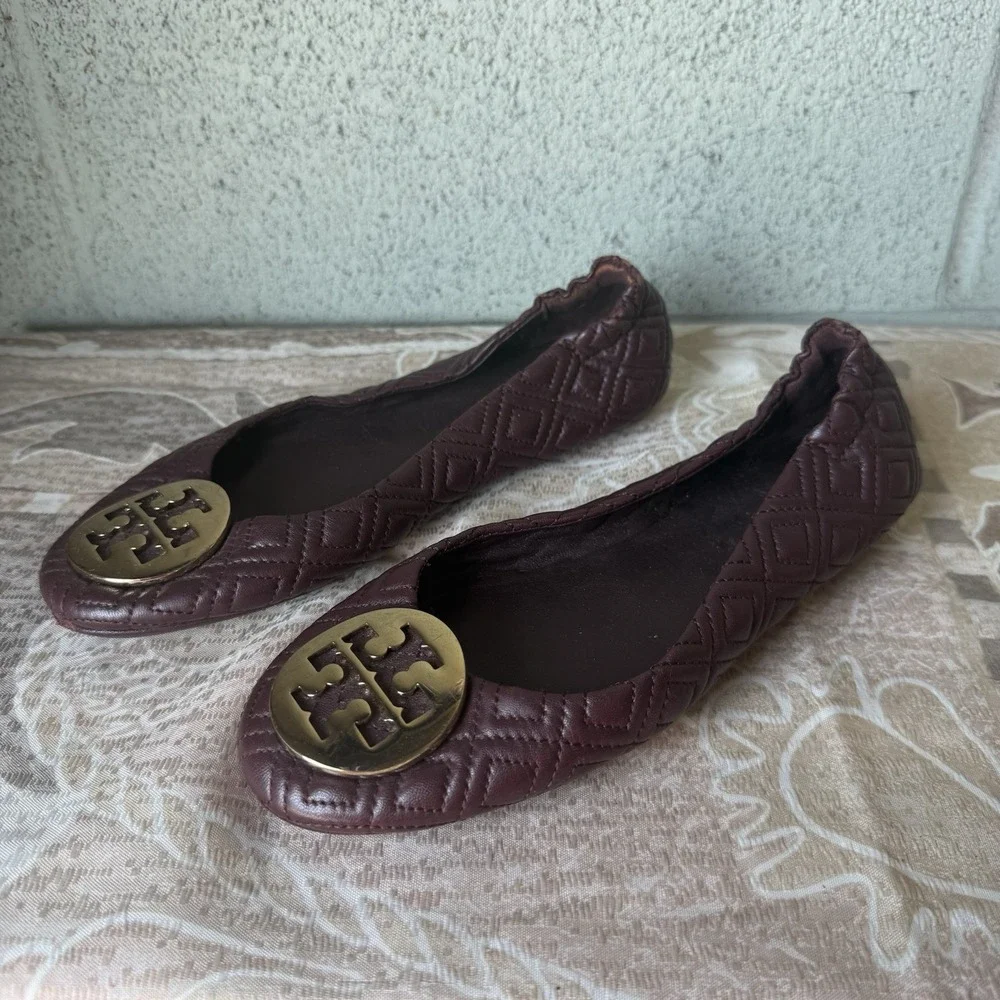Tory Burch Quilted Burgundy Ballet Flats, Gold Logo Medallion Sz. 6